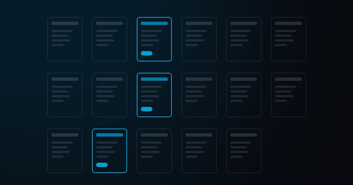 An abstract grid of seventeen page outlines on a dark background, three of them highlighted